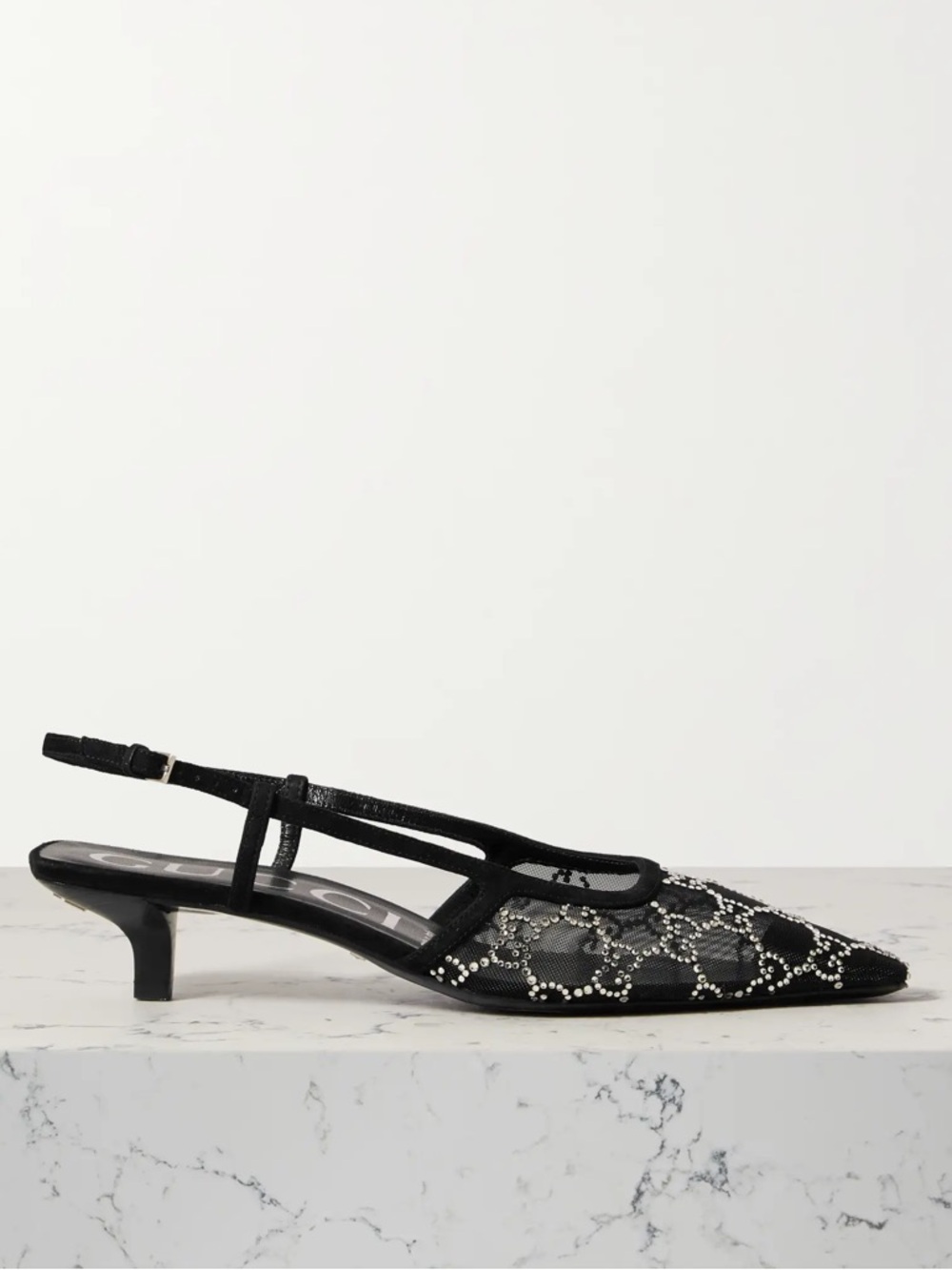 Gucci black gg crystal slingback pump